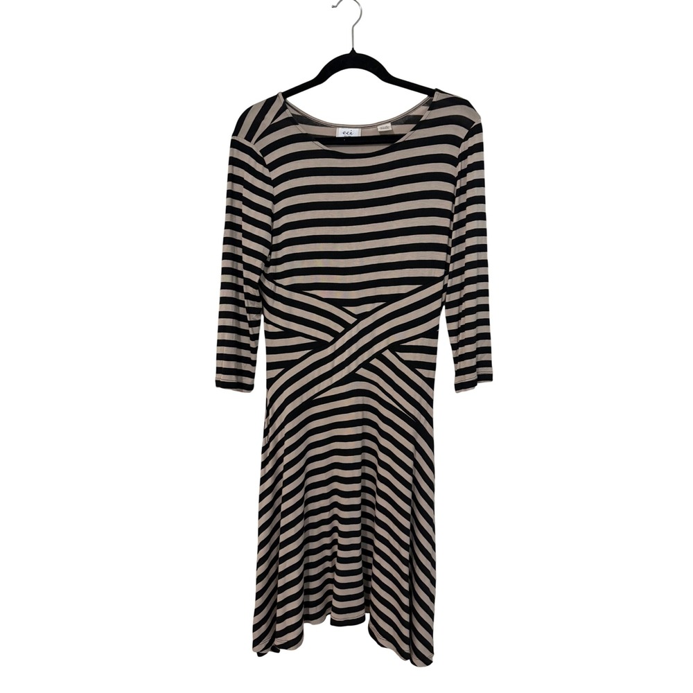 ECI New York Striped Fit and Flare Dress Black Tan 3/4 Sleeve Size Medium